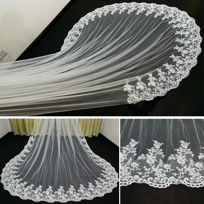 Real Photos 3m Long One Layer Cathedral Wedding Tulle Lace Bridal Veil White Ivory Customized Veil With Comb Wedding Accessories