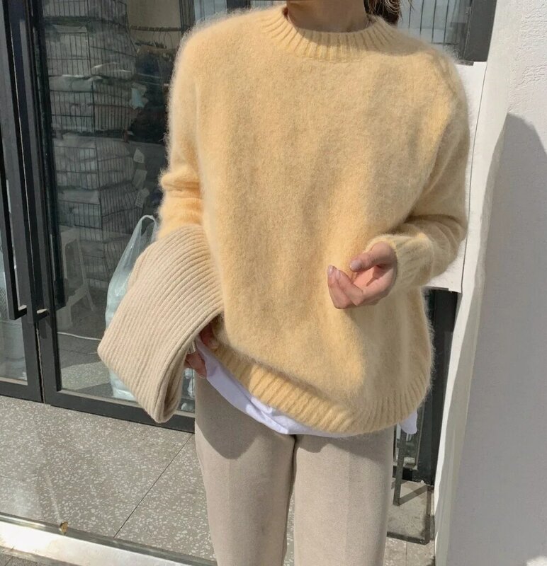 JSXDHK-새로운 한국 패션 여성 밍크 캐시미어 니트 스웨터 점퍼, 가을/겨울용 노란색 o넥 두껍고 따뜻한 루즈한 풀오버