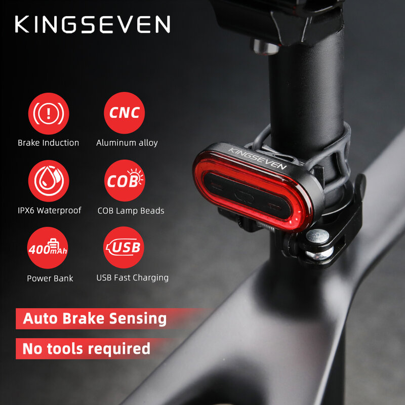 KINGSEVEN-Luz LED trasera para bicicleta, faro inteligente con Sensor de freno, recargable vía USB, para ciclismo de montaña