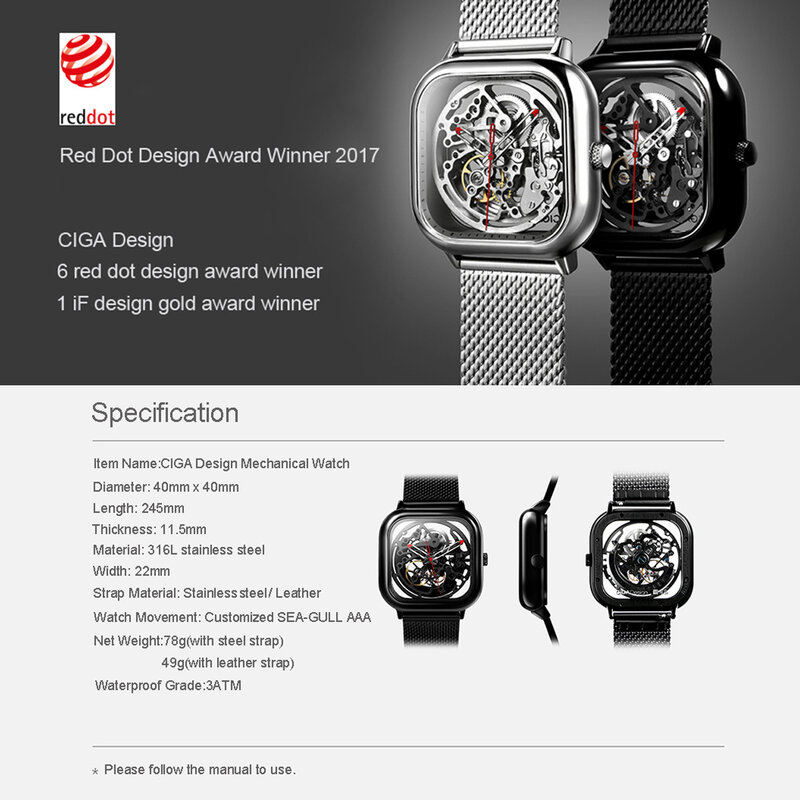 Reloj CIGA Design CIGA, reloj mecánico automático ahuecado, reloj de moda para hombre, reloj mecánico cuadrado