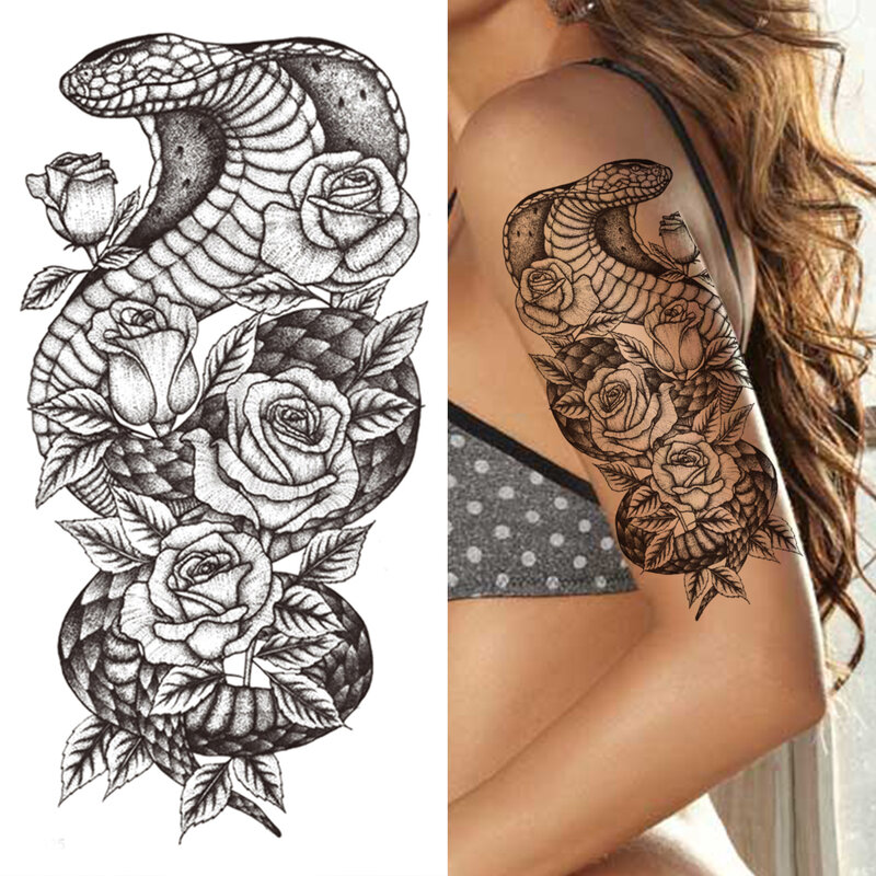 Компасс, полурукав, временные татуировки для женщин, мужчин, взрослых, черная перекрестная татуировка, наклейка, Реалистичная искусственная татуировка с Львом, цветы