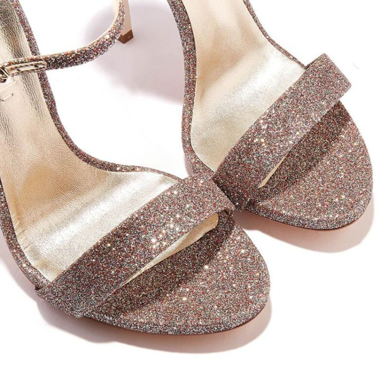 Новинка лета 2021, женские сандалии с блестками на очень высоком каблуке 12 см, универсальная женская обувь с пряжкой-шпилькой