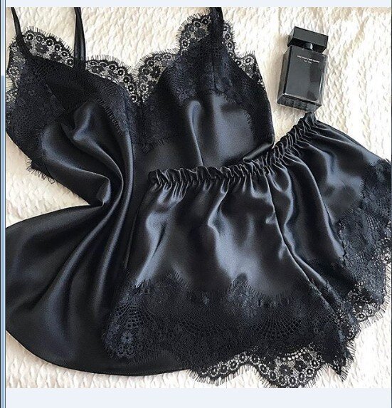 여성 잠옷 섹시한 새틴 잠옷 세트 블랙 레이스 v-넥 잠옷 민소매 귀여운 캐미 탑과 반바지 여름 섹시한 란제리