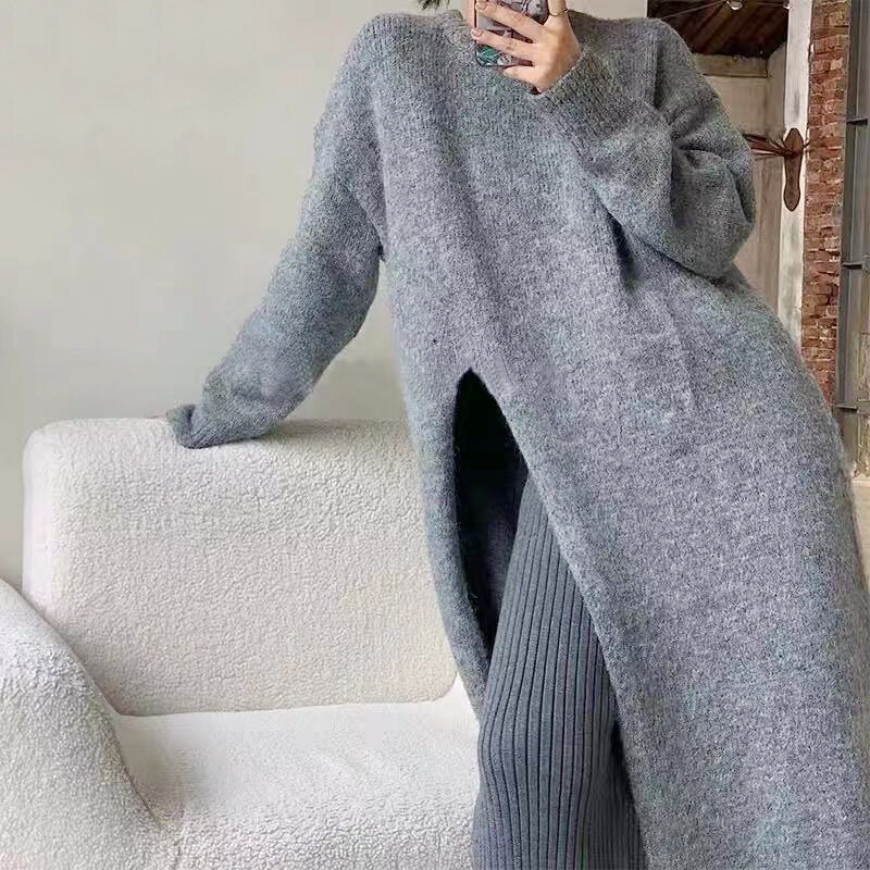 Suéter de punto de moda para mujer, Jersey largo liso con abertura lateral, vestido elegante para oficina, otoño e invierno, 2022