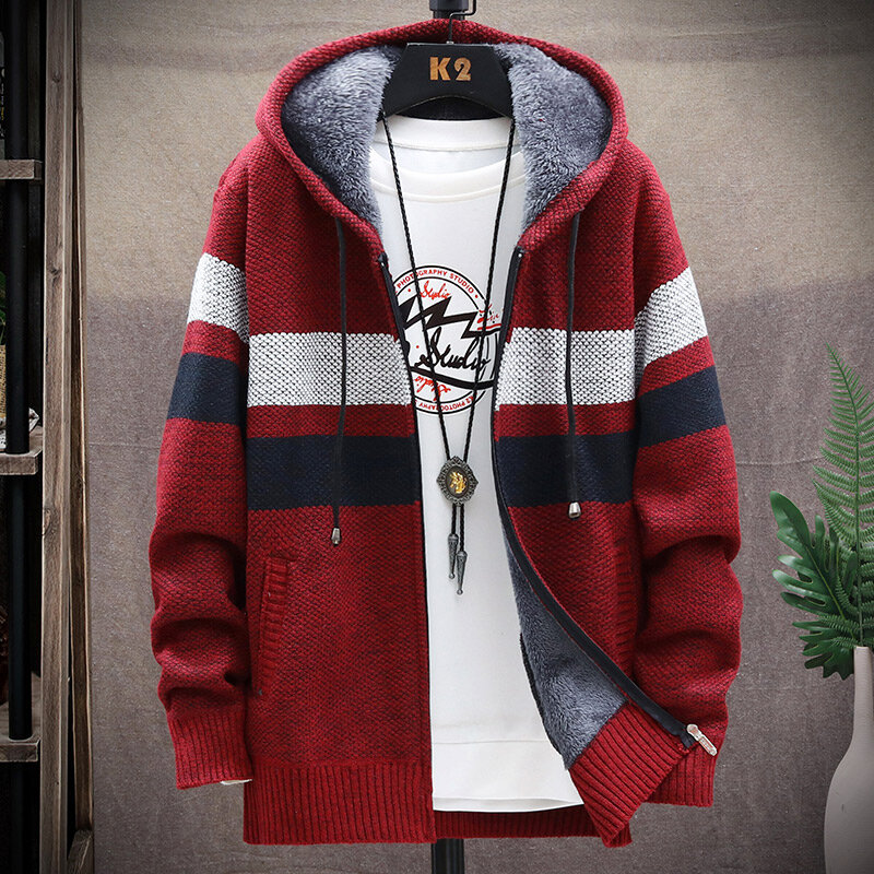 Cardigan listrado de lã com capuz masculino, suéter de inverno, jumper Harajuku, roupas japonesas, blusão casual, jaqueta coreana