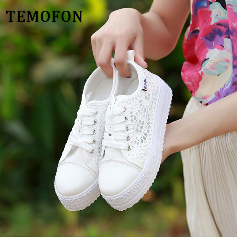 TEMOFON kobiety obuwie czarne białe trampki oddychające damskie buty zasznurować siatkowe platformy trampki buty damskie HBT902