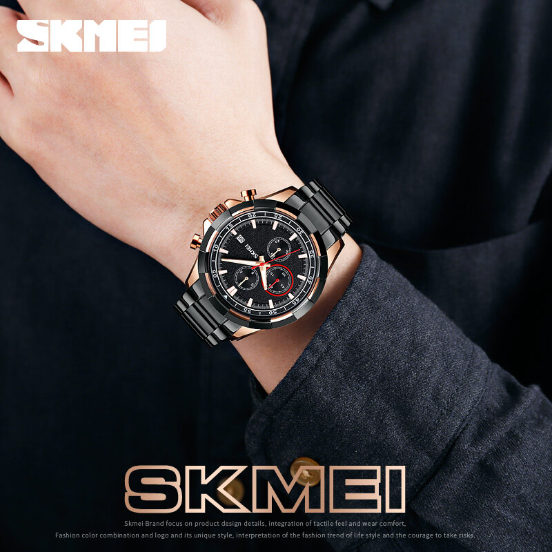 SKMEI-reloj analógico de acero inoxidable para hombre, accesorio de pulsera de cuarzo resistente al agua con cronómetro, complemento masculino de marca de lujo con diseño moderno, ideal para negocios, 9192