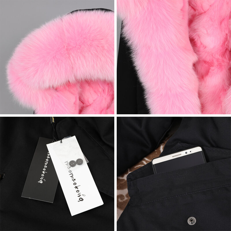 Maomaokong Winter Fashion Women's Clothing Fox Fur Lining Fur Pink Oversized Fox Hair Fur Collar Park Coat