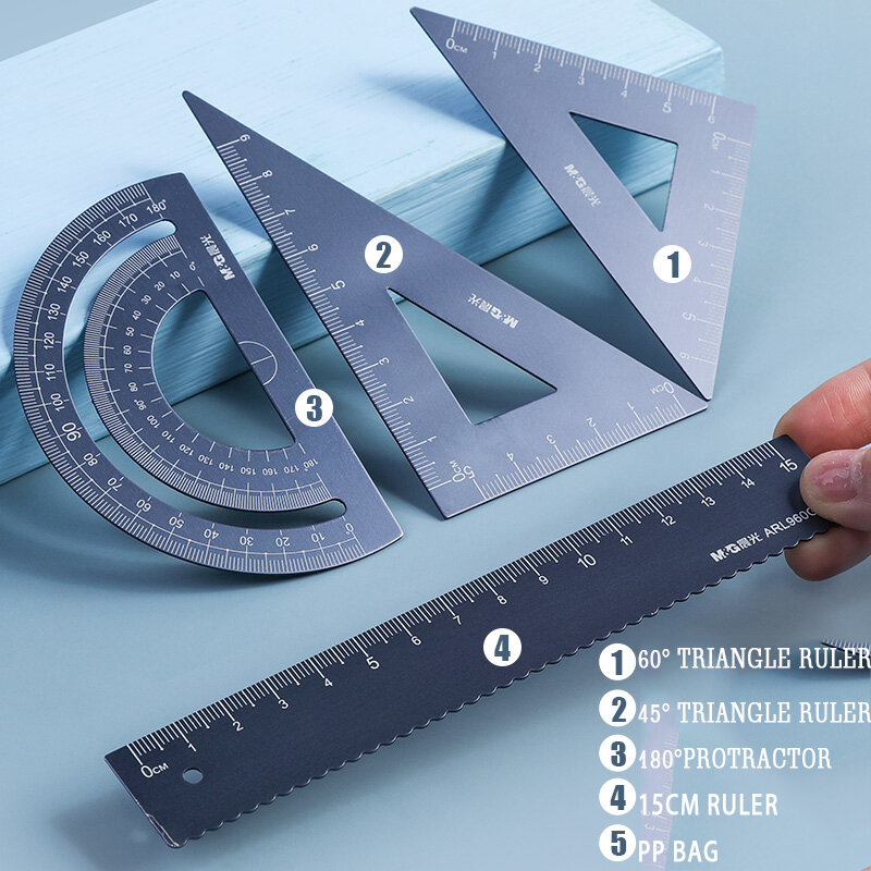 M & G-Juego de 4 unids/set de regla de aleación de aluminio UV, medición de dibujo, regla triangular geométrica, transportador recto, una variedad de reglas