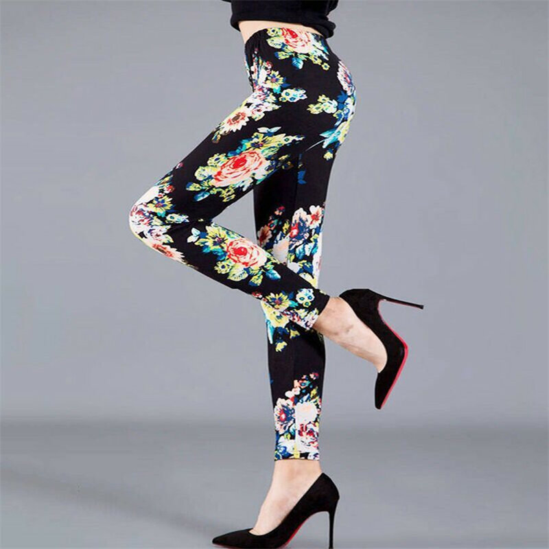 CHSDCSI Pencil Pants Women Flower Printed Fitness Leggings Fashion High Elastic Polyester Lady Sexy Trousers
