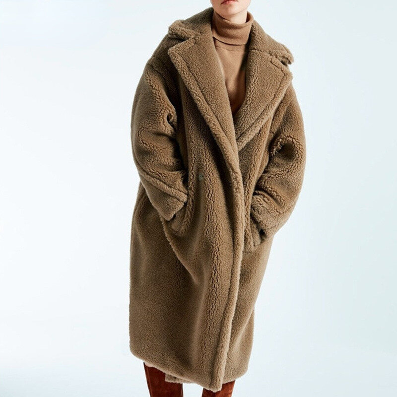 Inverno feminino casaco de lapela longo quente falso de pele urso de pelúcia preto grosso peludo jaqueta oversized senhoras vermelho fofo casacos de pele