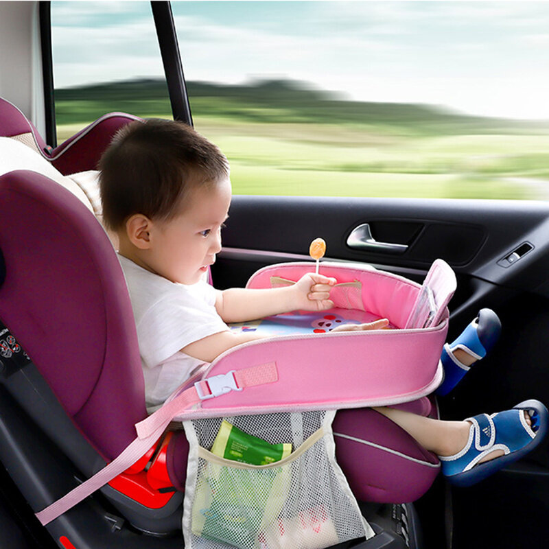 Bandeja de asiento de coche de dibujos animados para bebé, soporte de agua y comida para cochecito, escritorio de almacenamiento de mesa para niños, placa multifunción portátil extraíble