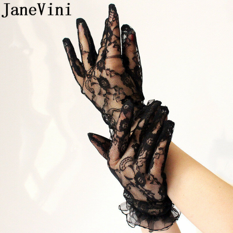 JaneVini-قفازات سهرة من الدانتيل الأسود ، قفازات كاملة الأصابع ، شفافة ، بطول المعصم ، مثالية لحفلات الزفاف