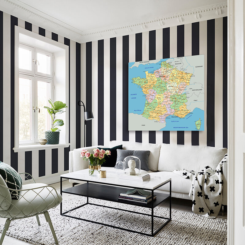 Póster de pared de 150x150cm para decoración del hogar, lienzo de tela no tejida con el mapa politico de Francia, suministros escolares para sala de estar