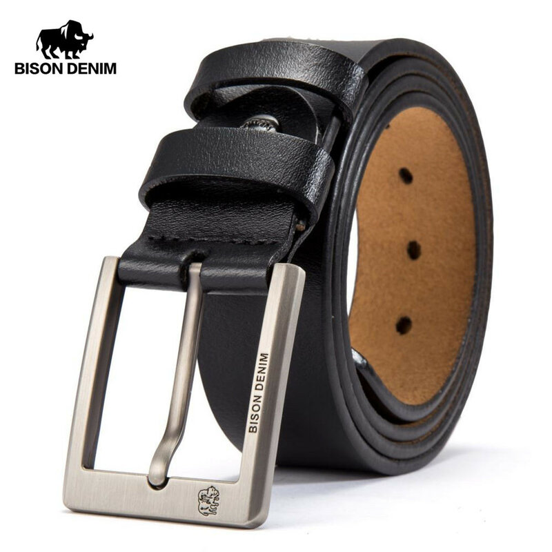 BISON-cinturón vaquero de mezclilla para hombre, marca Lucury genuino de cinturones de cuero, correa de cintura con hebilla de Pin Vintage, envío gratis