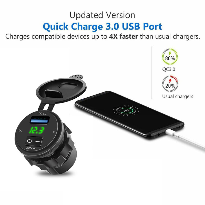 KEBIDU 18W Phone QC 3.0 Car Charger Socket Digital Display Voltmeter DC 12V-24V USB Charge Socket ON-OFF Switch for Motorcycle