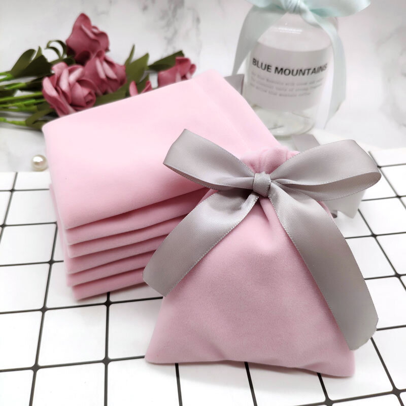 50pcs Jewelry Velvet Bags With Ribbon Flannel Pouches Wedding Candy Gift Packing Christmas Decoration extra fee Custom Logo