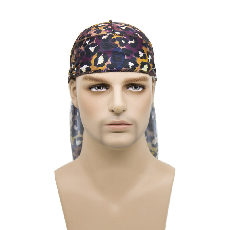 Fashion Animal Print Silky Durag For Men Breathable Silk Durages Headwraps Wave Caps Men's Du-Rag Long Tail Bandana Pirate Hat