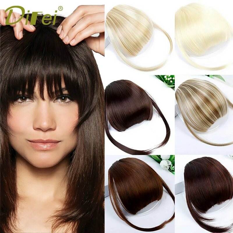 DIFEI-extensiones de cabello con flequillo falso, pelo negro y marrón, fibra sintética de alta temperatura