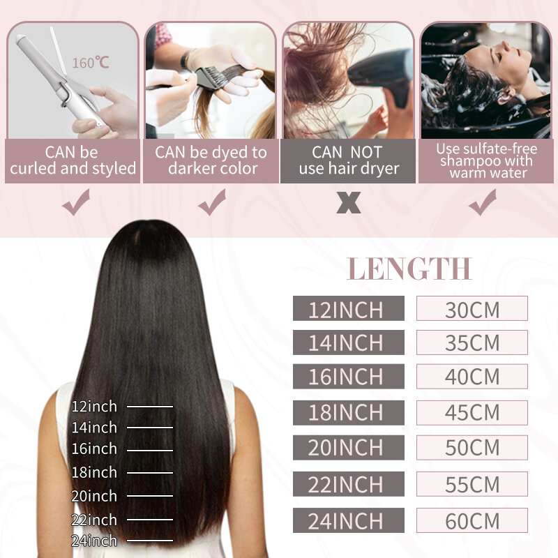 Ugeat – Extensions de cheveux naturels avec clips pour femmes, cheveux Remy, Double trame, 14 à 22 pouces, tête complète, 7 pièces, 16 couleurs