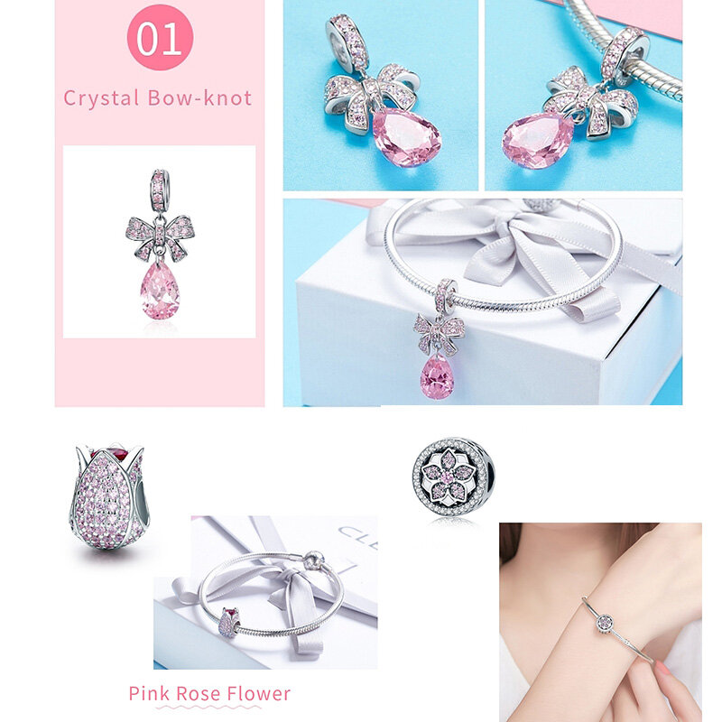 WOSTU-cuentas de cristal de circonita rosa para hacer joyas, abalorio tallado hueco para hacer joyas, compatible con Pulsera Original, 100% plata esterlina 925