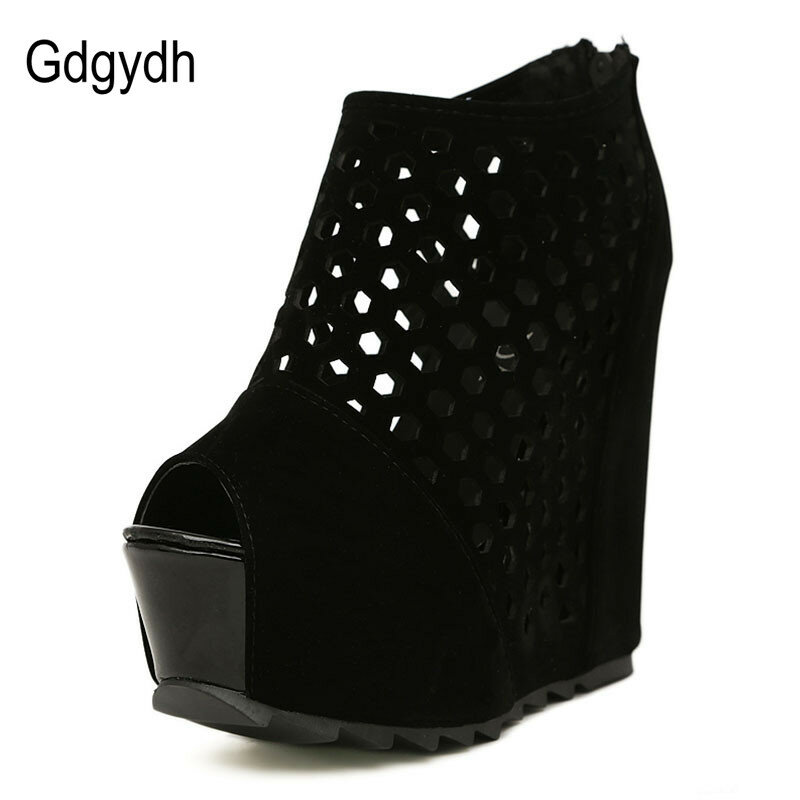 Gdgydh zíper plataforma cunhas sapatos para mulheres rebanho primavera senhoras sapatos de festa moda verão peep toe bombas feminino oco para fora