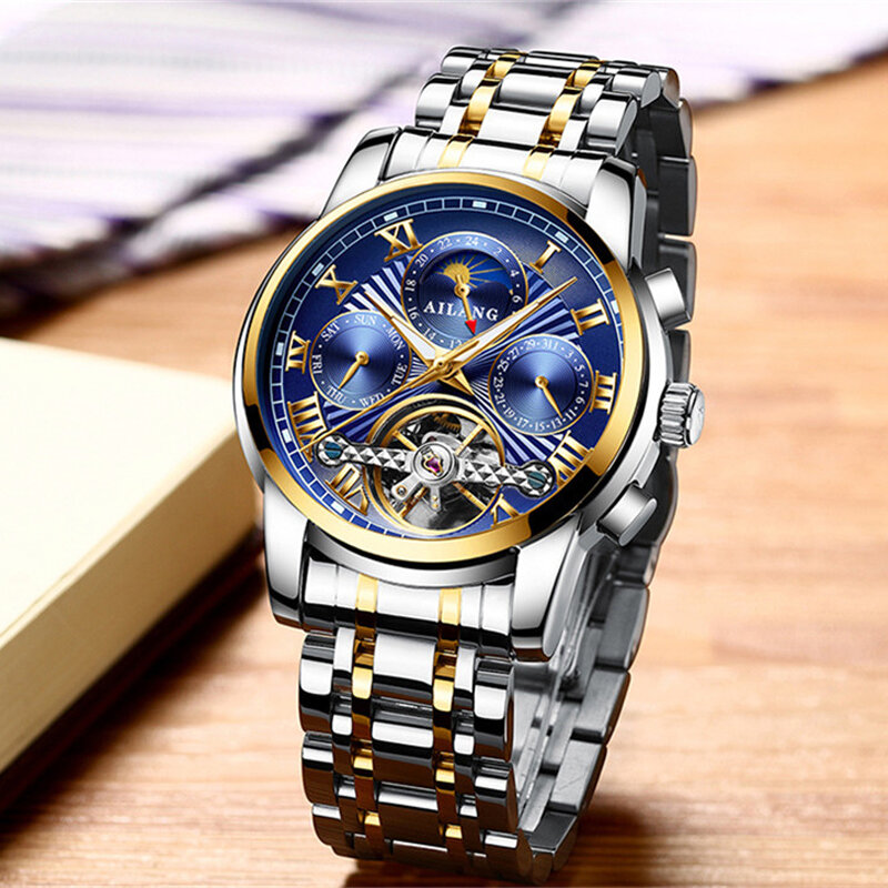 AILANG orologio da uomo Top Brand Luxury Tourbillon orologi meccanici automatici da uomo Moon Phase Skeleton orologio maschile Relogio Masculino