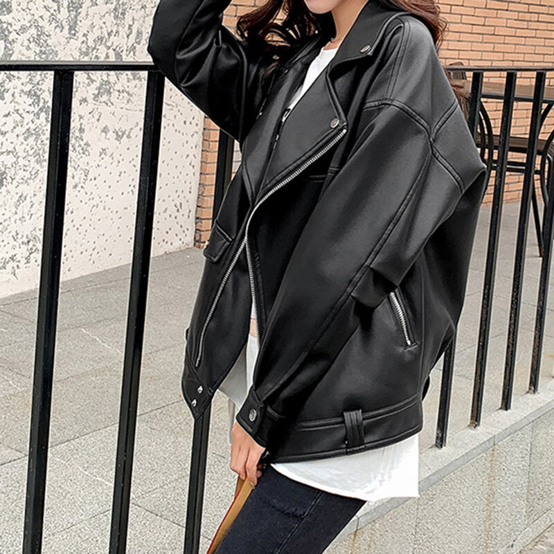 여성용 블랙 인조 가죽 재킷, PU 오토바이 재킷 코트, 한국 가을 겨울 재킷, 우아한 2024 새로운 패션