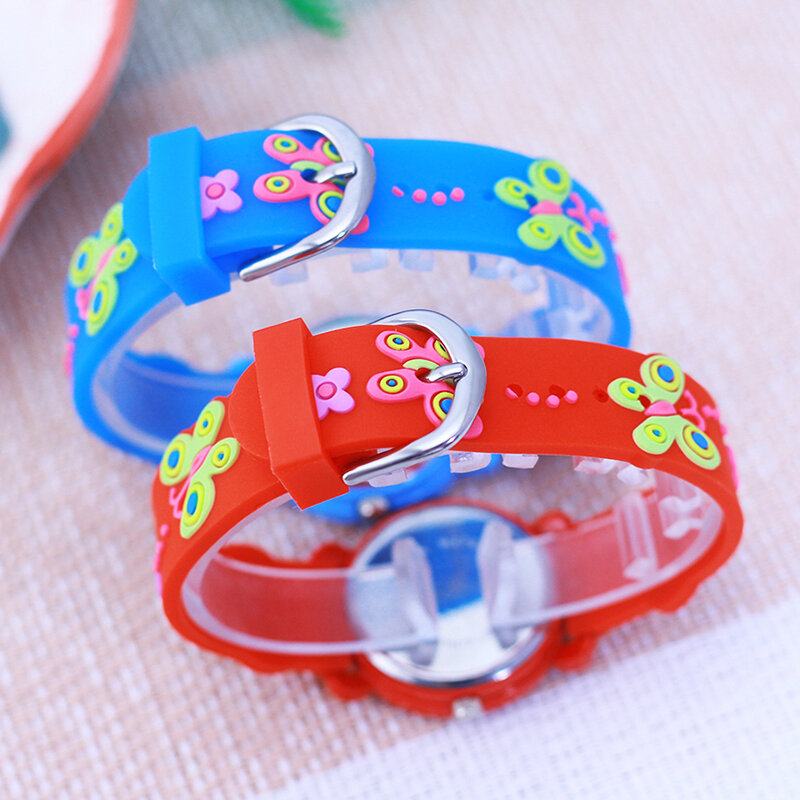 Relojes rosas de belleza para niños, pulsera de silicona con correa de mariposa, resistente al agua, 5 colores, 2024