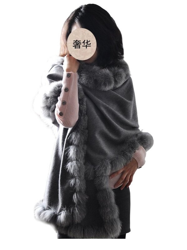 Festa feminina 100% cashmere com pele de raposa genuína aparado longo xale manto capa inverno ao ar livre cachecol