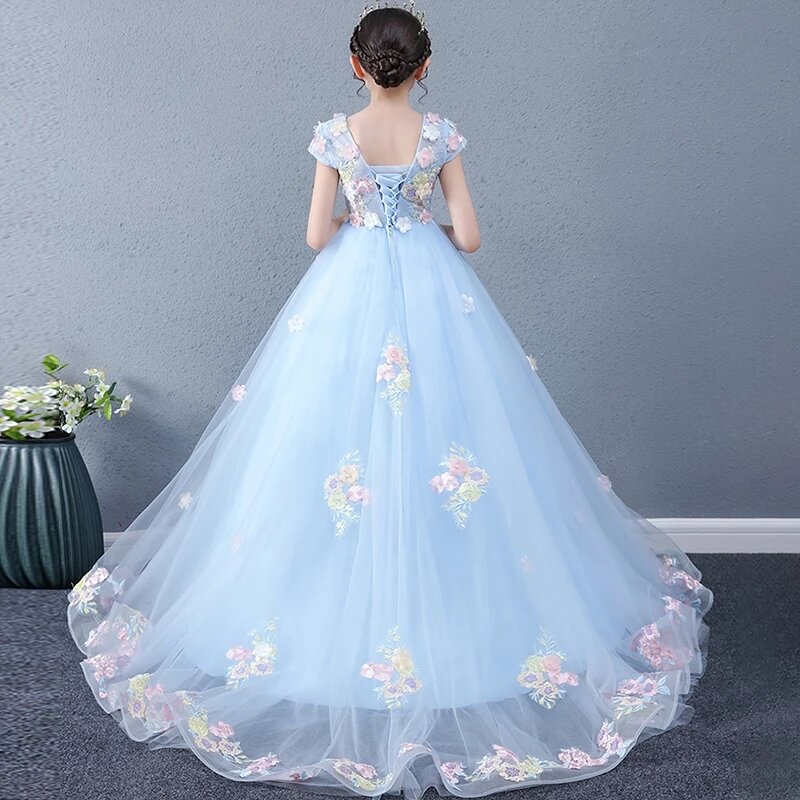 Flower Girl sukienki na ślub z wycięciem z krótkim rękawem sukienki komunijne dla dzieci aplikacje perłowa koronka w górę Princess Dress