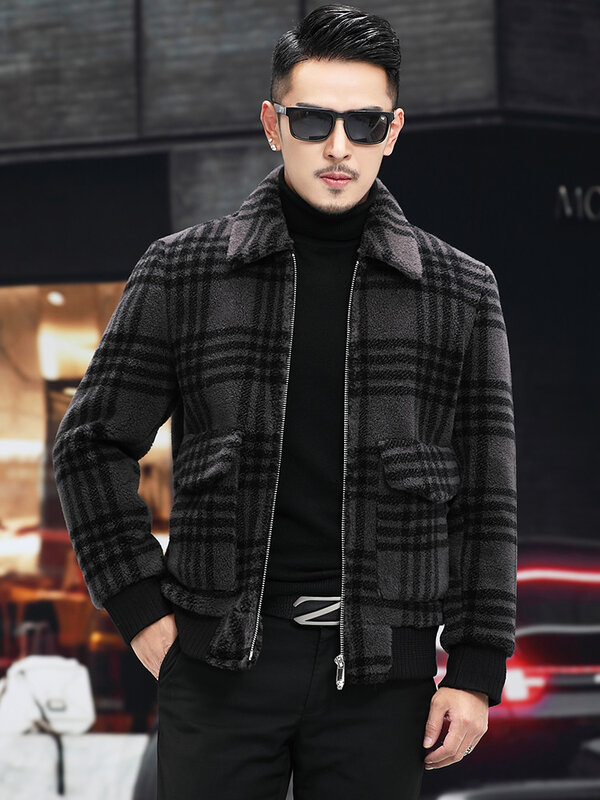 2022 남성용 진짜 양털 재킷, 짧은 양 전단 코트, 두껍고 따뜻한 격자 무늬 캐주얼 외투, 겨울 패션, O756