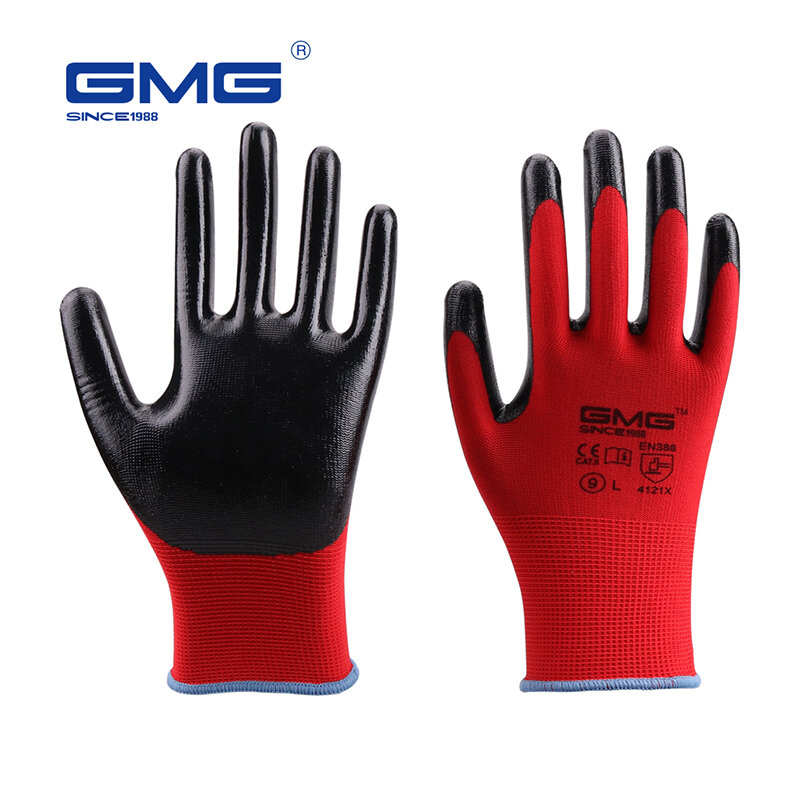 Vendita calda guanti da lavoro GMG CE EN388 poliestere rosso nero liscio Nitrile guanti protettivi di sicurezza guanti meccanici resistenti all'olio