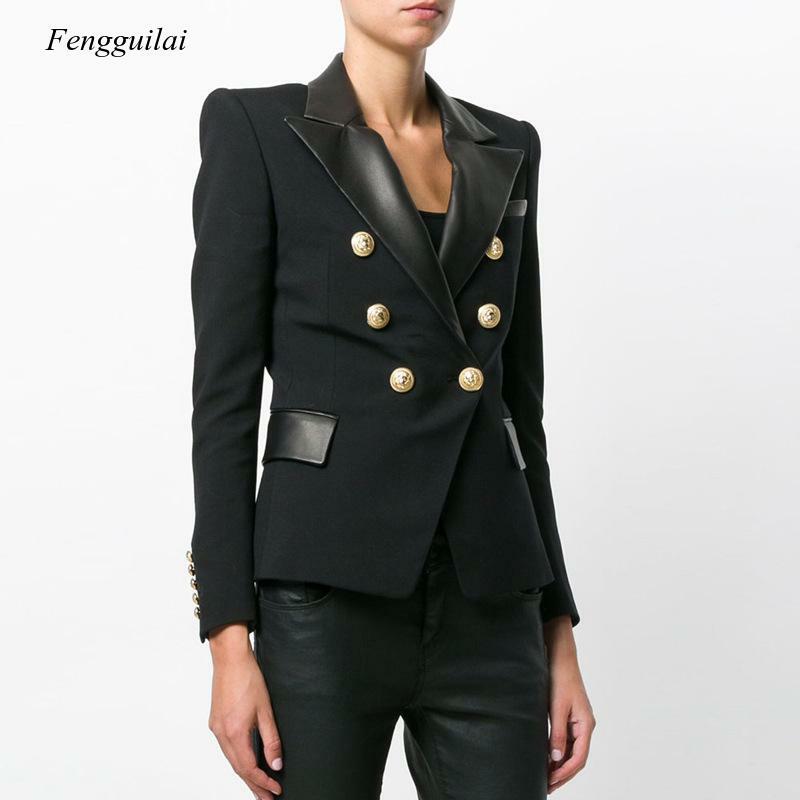 Fashion 2021 Spring Autumn Quality European Design Pu Leather Collar Slim Black Blazer Ol Formal Classic Fittness Blazers