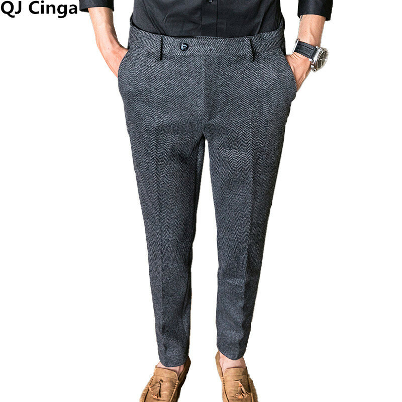 Новые серые мужские шерстяные брюки QJ CINGA, осенне-зимние плотные брюки, мужские облегающие деловые брюки, мужские Модные брюки 28-36