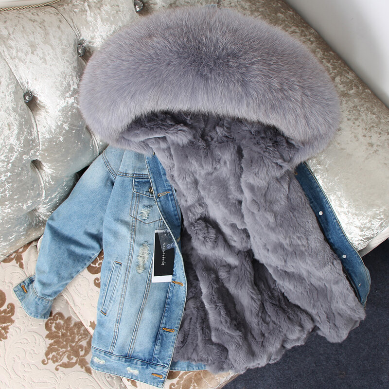 Maomaokong 2023 New Denim Fur Jacket Rabbit fur Liner Fox Fur Collar Coat Female Winter Coat Fashion Women Street Clothing