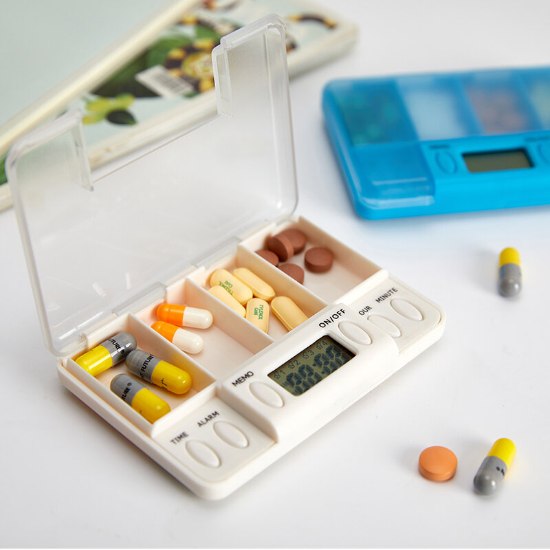 4 griglia conveniente portapillole promemoria intelligente Dispenser di medicina ermetica Timer sveglia pillole organizzatore pillole contenitore per farmaci