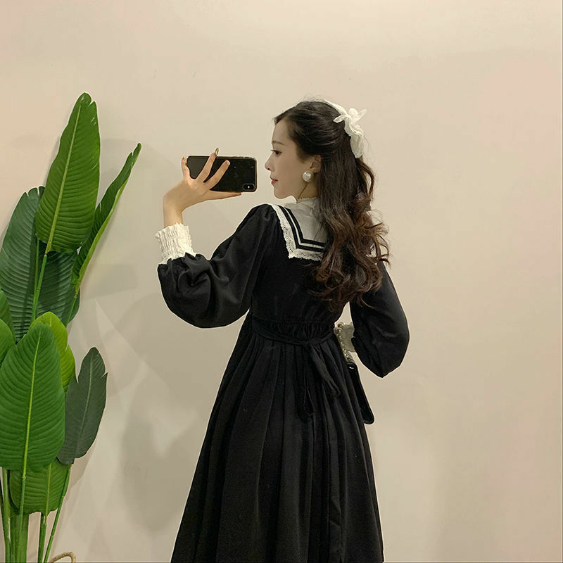 Gothic Lolita Retro Hepburn style little black dress super fairy navy collar ruffled dress long sleeve princess dress kawaii