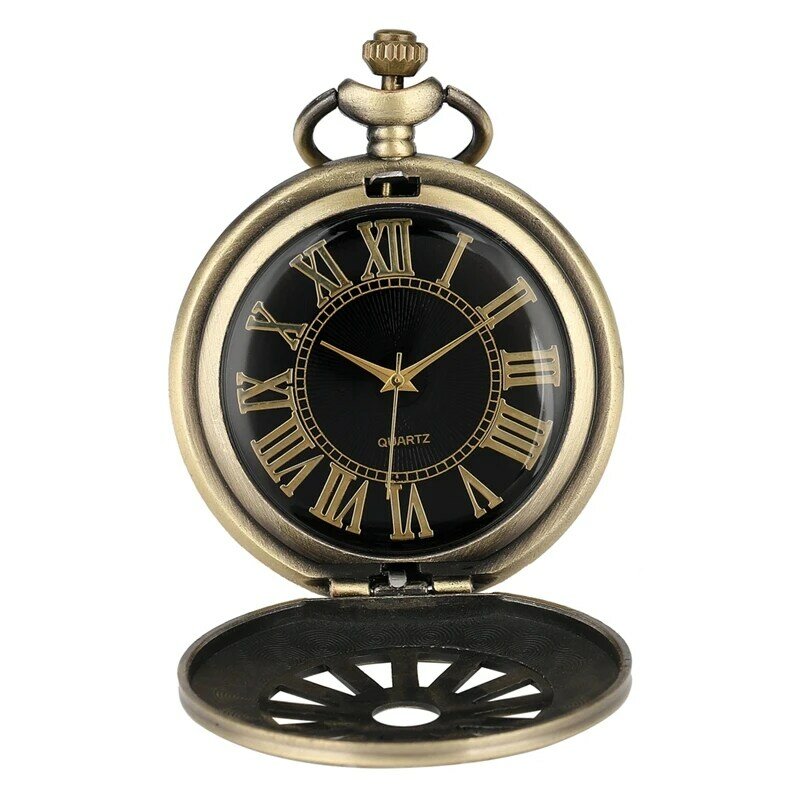 Retro bronze oco roda engrenagem design relógio de bolso quartzo numeral romano dial colar pingente corrente relógio antigo com acessório