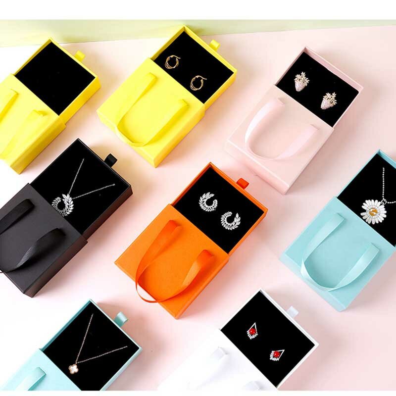 10pcs Colorful Cardboard Drawer Ear Ring Jewelry Package Box Necklac Bangle Holder New Year Party Wedding Ribbon Handle Gift Box