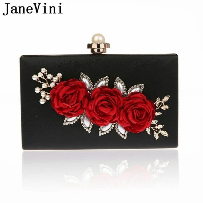 JaneVini-Bolso de mano con flores y perlas para mujer, Cartera de mano femenina de color negro, con diseño rectangular, para fiesta de noche o boda
