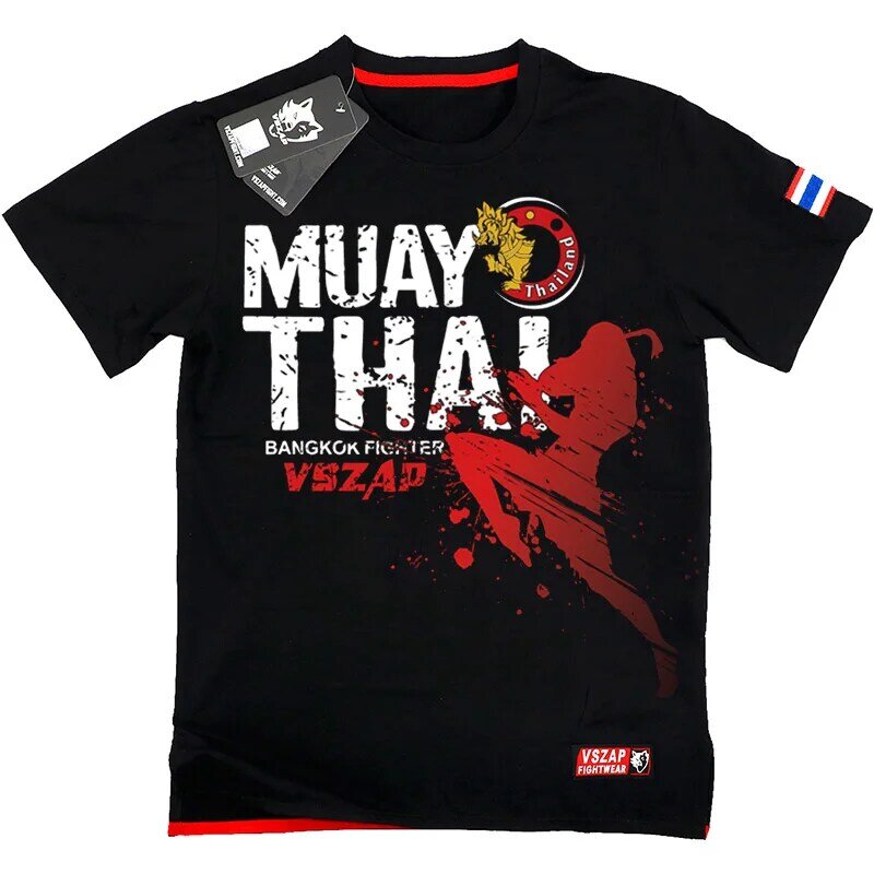 Camiseta manga curta vszap, camiseta de algodão para combate muay thai mma kick boxing