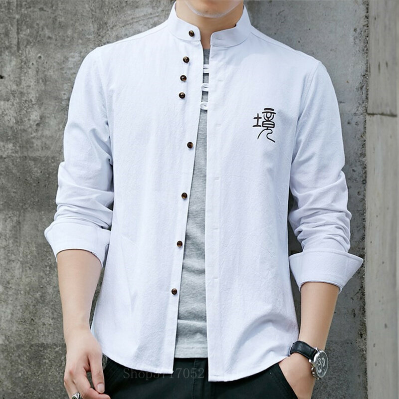 2022 tradicional chinês retro casual camisa de algodão topos masculino gola cor sólida roupas kung fu túnica tang terno