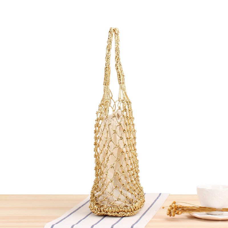 Bolso de ganchillo a mano para mujer, bolsa de paja de estilo Natural, Color puro, hilo dorado y plateado, 28x35CM, a7158