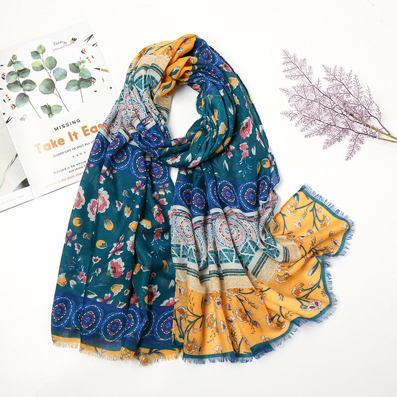 Xaile viscose floral asteca para senhoras, cachecol, envoltório, estola de pashmina, muçulmano Hijab, marca de luxo, alta qualidade, moda, 2022