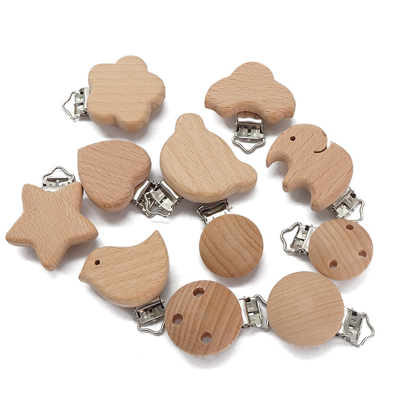 Chenkai-Clips redondos de madera para bebé, oso, flor, coche, corazón, pájaro, elefante, estrella, sin BPA, cadena de chupete, regalos, 50 Uds.