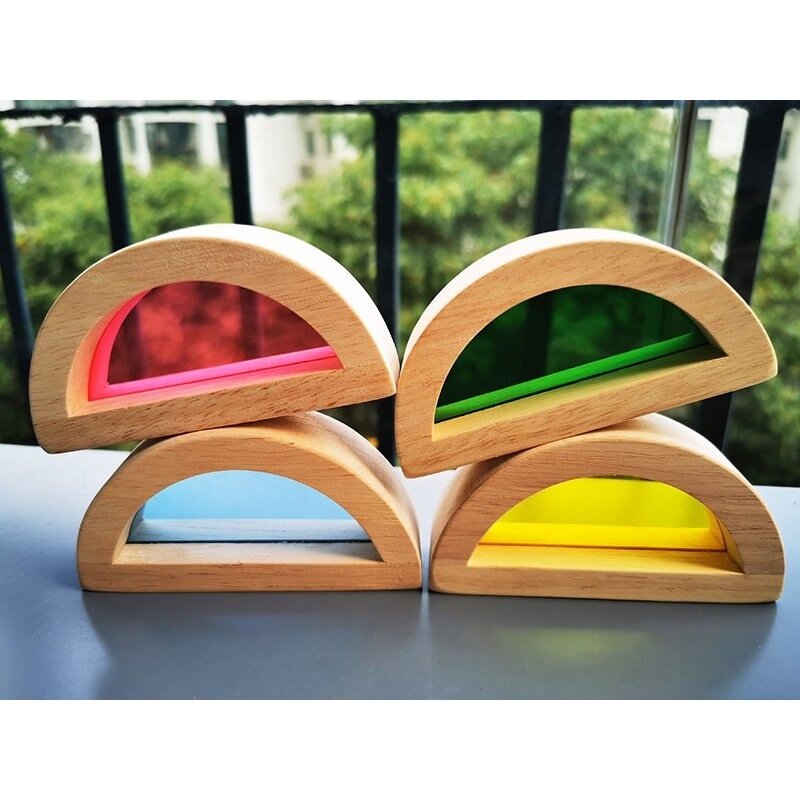 เด็ก Montessori ของเล่นไม้ Sensory Rainbow กระจกบล็อกยางไม้ซ้อนอะคริลิคอาคาร Stacker การศึกษาเล่น
