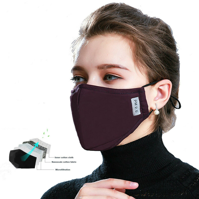 Masque facial en coton noir, anti PM2.5, anti-poussière, avec 2 filtres à charbon actif, réutilisable, en tissu