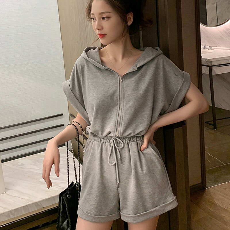 Playsuits moda damska koreański letni dorywczo jednolity kolor jednoczęściowy talia z krótkim rękawem sweter z kapturem