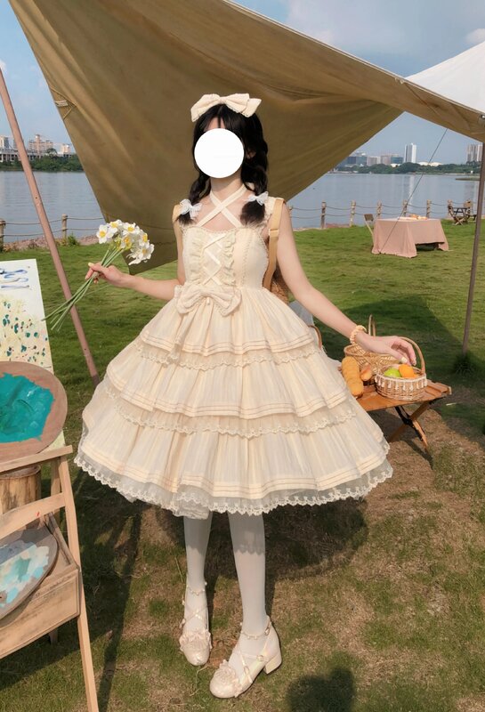 Sweet Lolita Jsk Dress Pure Color Lolita Sweet Kawaii Girl Style Sling Jsk Dress Princess Tea Party Suspender Dress